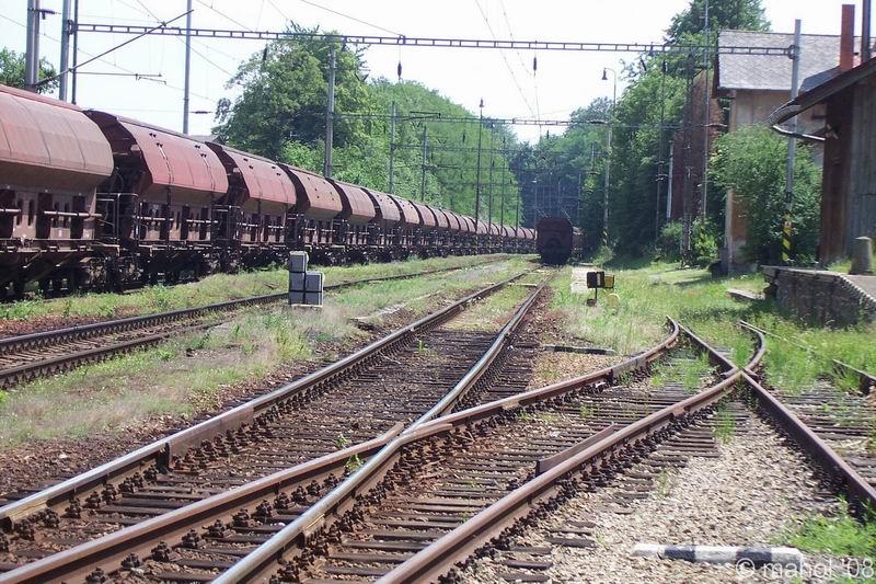 strezimir_30.jpg - Pohled směrem na Mezno (Tábor) na oba nákladní vlaky ve stanici Střezimíř. Ten vpravo přijel od Tábora (lokomotiva je teď v pořadí druhá na zhlaví směrem na Červený Újezd), vlevo vlak od Červeného Újezda, "Eso" z postrku je teď první v pořadí na zhlaví